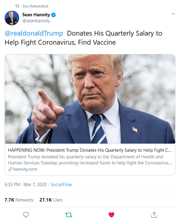 Screenshot_2020-03-09 (3) Sean Hannity on Twitter realdonaldTrump Donates His Quarterly Salary to Help Fight Coronavirus, F[...]